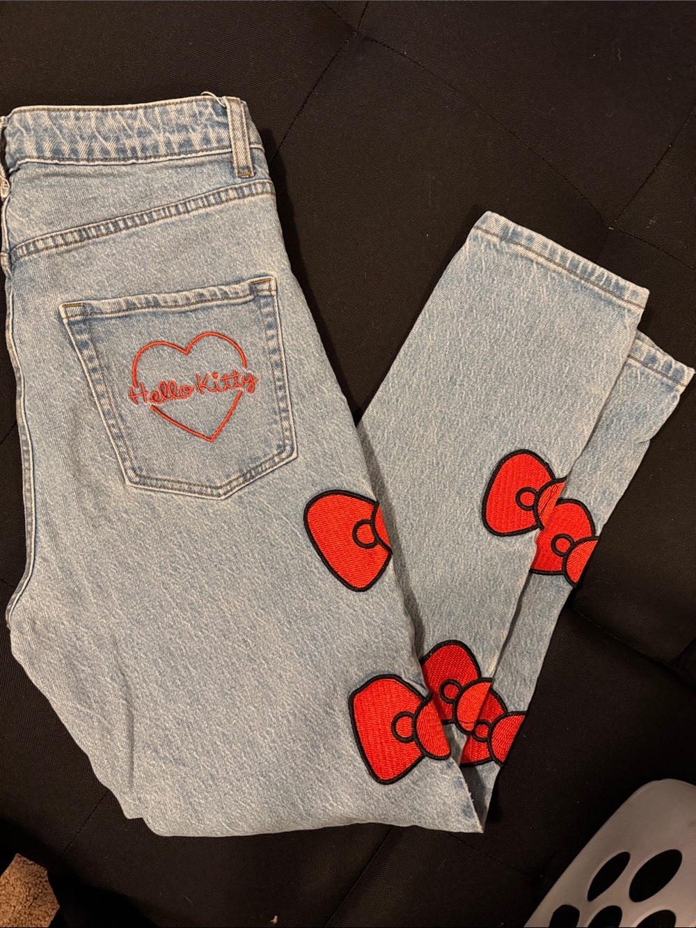 Hello Kitty Light Blue High Rise Jeans with Red Bow Embroidery